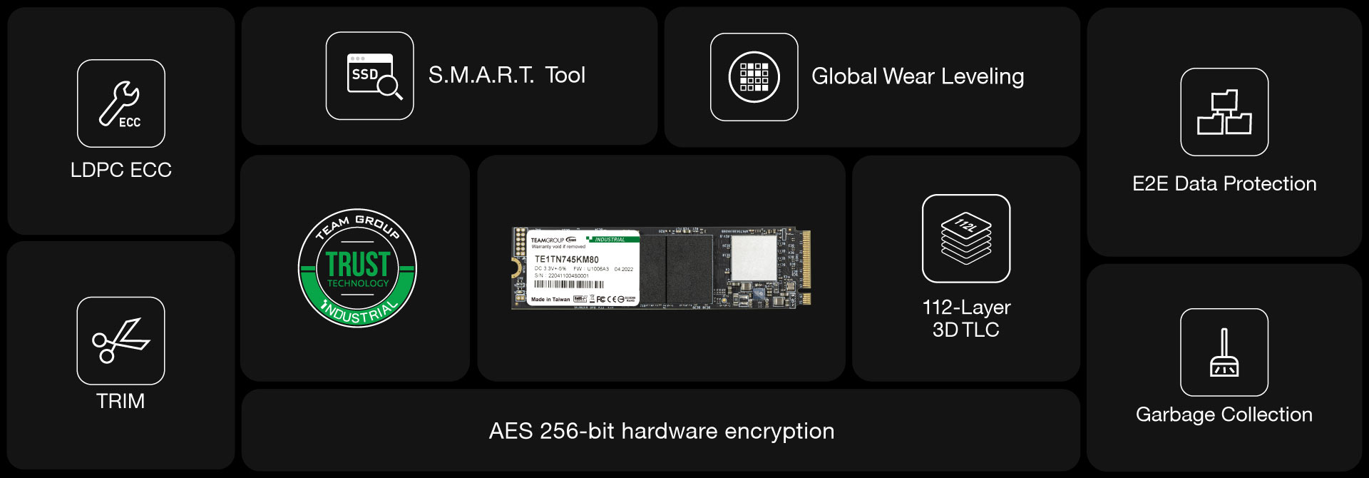 Several product feature icons are arranged around the N745-M80 M.2 PCIe SSD.